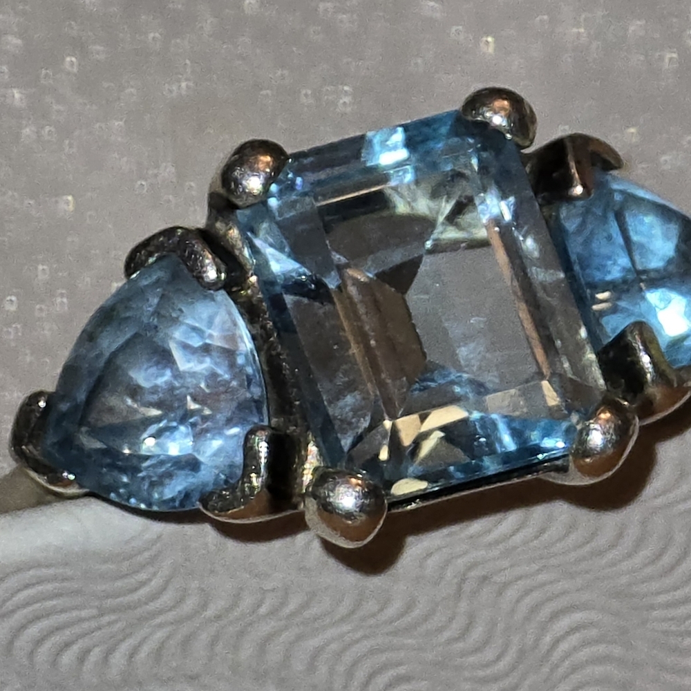 Aquamarine & Sterling 3 Stone Ring Sz. 8
